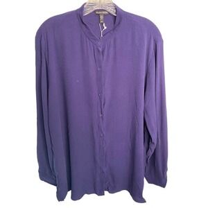 Eileen Fisher Women’s Medium Purple Silk Mandarin Collar Button Down Long Sleeve